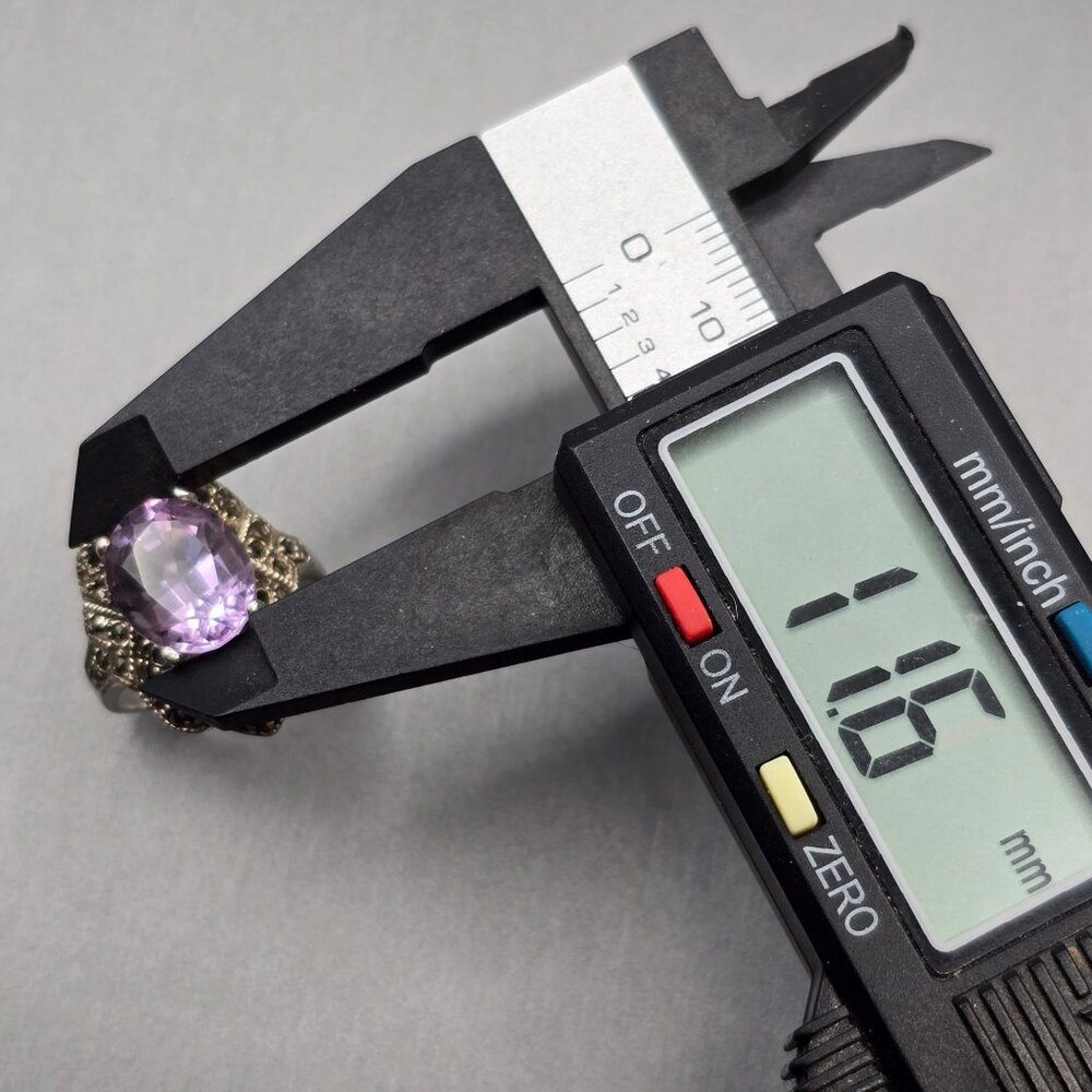VTG Sterling Silver Amethyst Marcasite Cocktail Ring Size 6.5 Signed TH Art Deco - Picture 10 of 13